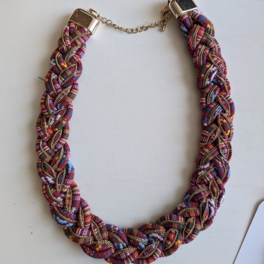 Handmade Multi Coloured printed fabric and Gold mini chain Statement Necklace - Picture 4 of 4